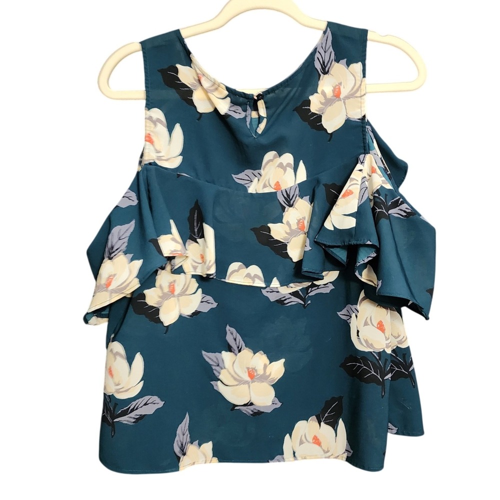 Japna Womens Cold Shoulder Top Teal Green Floral Ruffle Sleeve Blouse Large